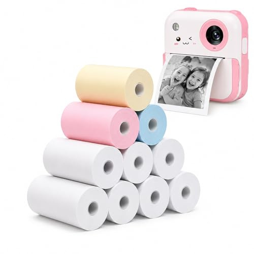 Thermal Paper Roll for Kids Instant Print Camera, 10 Rolls Thermal Printer Paper (7 White, 1 Yellow, 1 Pink, 1 Blue), No Ink Needed Print Paper for Portable Mini Thermal Printer, 57 x 25 mm