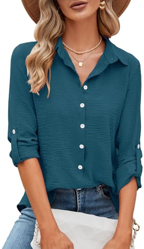 Odosalii Tops for Women UK, Work Business Casual Outfits Collared V Neck Long Sleeve Shirts Button Down Blouses Professional Attire Office Teacher School Old Money Clothes Teal Size 12-14