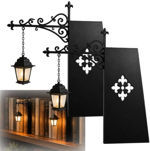 Library Lantern Decorative Bookshelf Lighting, Vintage Mini Street Lamp Bookend Decor with Warm LED Light, Fantasy Hanging Lights for Desktop Study Room Home Office Book Lovers Readers(2pcs)