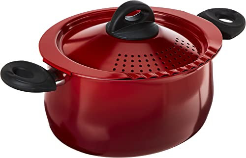 Bialetti 7550 Oval 5.5 Quart Pasta Pot with Strainer Lid, Nonstick, Aluminum, Pepper Red, 5.2 Liters