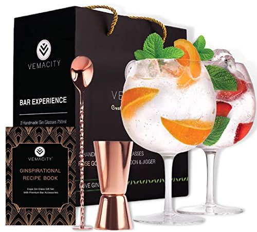 Vemacity Crystal Gin Glasses Set of 2 | Handmade Gin Glass Gift Set | Rose Gold Cocktail Spoon, Spirit Measure & Recipe e-Book (PDF) | Aperol Spritz Glasses | Cocktail Glasses | Stylish Gift Box