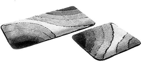 S&S-Shop Badematte Set | Grau | Wave | 2 teilig | rutschfest | WC-Vorleger 50 x 45 cm | Badvorleger 50 x 90 cm | Badteppich | Teppich | Bad | Badezimmer