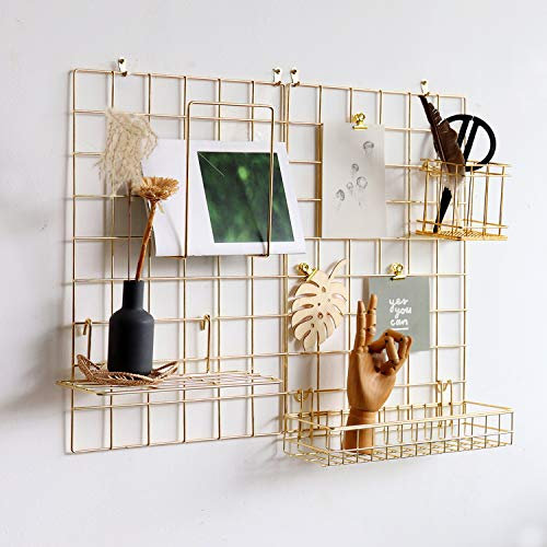 FRIADE Wall Grid Panel for Photo Display,Wall Storage Organizer,5 Metal Clips & 3 S Hooks & 4 Nails & 4 Plastic Hanging Buckles and 4 Screws Offered,Size 17.5 x 11.8,2 Pack(Gold)