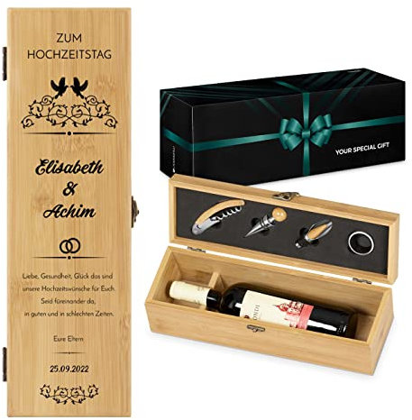 Maverton Weinbox für 0,7L Weinflasche - Wein Holzbox personalisiert + 4er Weinzubehör - Weinset Weinkiste - aus Bambus - Braun - Geschenk zur Hochzeit Paare - Glückwünsche