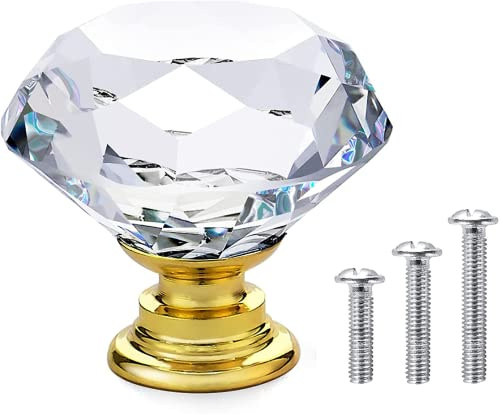 Vandicka 20-pack 30 mm kristallglas skåpdörrknoppar skåp garderob byrå låda draghandtag (klar diamant + guldbas) med rostfria skruvar i 3 storlekar