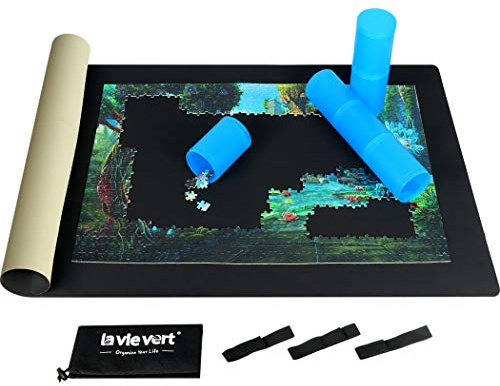 LAVIEVERT 2 mm Dickes Neopren, doppelseitig, Schwarz & Khaki, Puzzle-Aufbewahrungsmatte, Puzzle-Aufbewahrung, mit Vlies-Aufbewahrungstasche und Kunststoffzylinder, für bis zu 1500 Teile