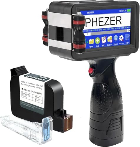 Phezer Imprimante à Jet d’Encre Portative Modèle P16 Améliorée pour Toutes Les Surfaces Buse de 0,5 Pouce, Machine de Codage Intelligente à 360° pour Date d’Expiration, Code-Barre, Logo, Label