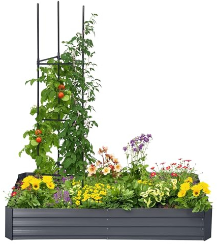 Outsunny Piazza Orto fioriera rettangolare in metallo, grande capacità, 180 x 90 x 29,5 cm, con tutori per pomodori e piante rampicanti