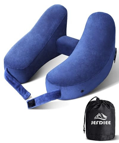 JefDiee Reisekissen Nackenkissen | Aufblasbares Nackenkissen für Flugzeug | Erwachsene Nackenhörnchen - Schnelles aufblasbares Kissen mit Kopfstütze, Hut, Luxustasche, Blau