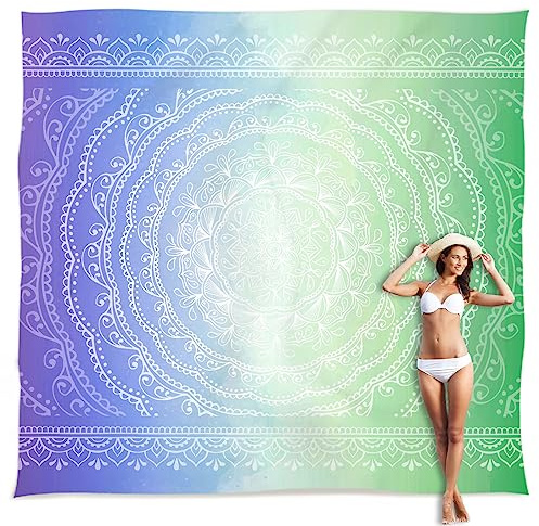 Sunlit 10'x9' Extra Large Boho Sand Proof Beach Blanket, Sand Proof Mat with Corner Pockets and Mesh Bag for Beach Party, Travel, Camping and Outdoor Music Festival, Blue Violet Sea Green Mandala
