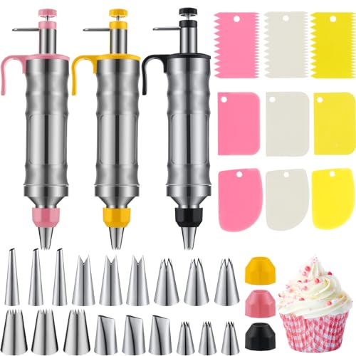 Ziliny 3 Sets Dessert Decorating Syringe Set, Cupcake Frosting Filling Injector with 6 Icing Nozzles 1 Nozzle Connector 3 Cream Scrapers Icing Tool, Cake Decorating Kit, Main Stainless Steel Design