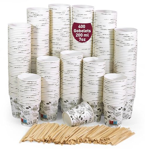 400 Vasos de Cafe Desechables 200 ml / 7 oz de Papel Cartón Blanco con Paletinas de Madera,Vasos de cartón Perfectos para Oficina, Hogar y Fiestas