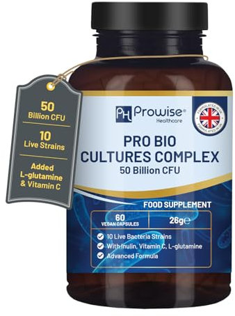 Bio Cultures Complex Probiotics and Prebiotics - 50 Billion CFU - 10 Live Bacteria Strains – Added with Inulin, L-Glutamine & Vitamin C - 60 Capsules | Advanced Probiotic for Women & Men by Prowise