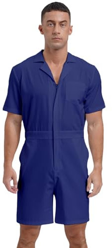 TTAO Herren Kurzarm-Overall Latzhose Arbeitskleidung Arbeitslatzhose mit Taschen Männer Mechanisch Jumpsuit mit Gürtel Zipper Maleroverall Königsblau XL