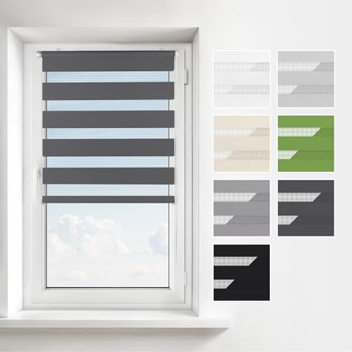 Estika Doppelrollo Klemmfix ohne Bohren – Breite: 130 cm – Höhe: 150 cm – Farbe: Anthrazit – Jalousie für Innenfenster, Duo-Rollo, Fensterrollo innen