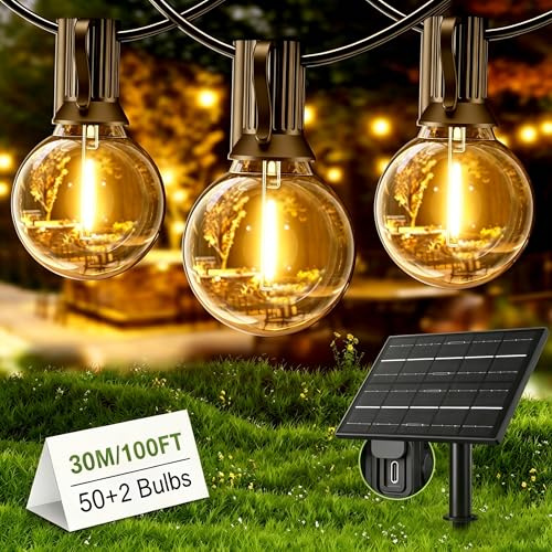 Yuusei Catena Luminosa Esterno Solare, 30M Luci da Esterno Giardino LED, IP65 Impermeabili & USB, 50+2 G40 Lampadine Globo Infrangibili per Gazebo, Balcone, Pergolato, Patii, Matrimoni e Feste