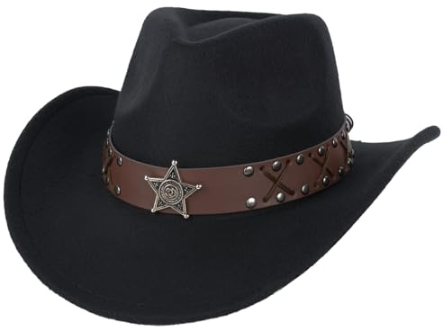 Western Cowboy Hat for Men and Women,Ethnic Style Tibetan Fedora Jazz Hat Wide Brim Badge Felt Hat for Men and Women,Cowboy Hat with PU Leather Strap and Star Studs Cowboy(Black)