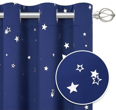 PONY DANCE Star Foil Printed Kids Curtains, Blue, 90x54 Inch | Eyelet Blackout Boys Curtains for Nursery & Bedroom, Thermal Insulated & Noise Reducing, Privacy Protected, 2 Panels
