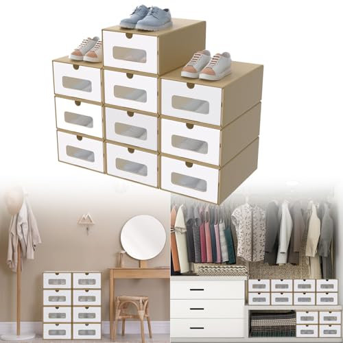 XINZI 10er Boxen-Set mit Transparentes Sichtfenster,Schuhboxen Stapelbar,Aufbewahrungsbox Schubladen aus Kraftpapie,Schuhkarton Ordnungsboxen für Zubehör & Accessoires, Braun