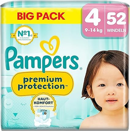 Pampers Premium Protection Größe 4, 52 Windeln, 9kg-14kg, Doppelter Schutz für die Haut und vor Auslaufen