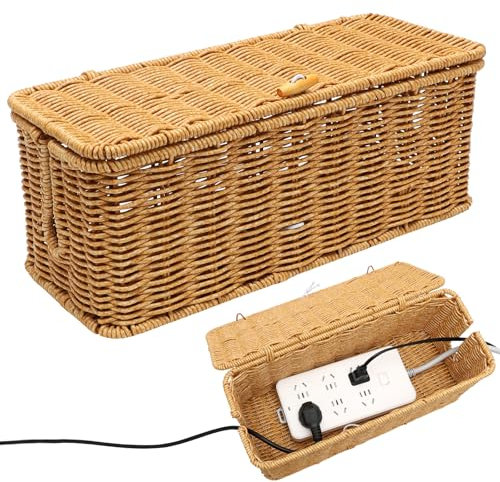 MIUUIPI Rattan Kabelmanagement Box, Handgemachte Kabelbox, unter Schreibtisch Kabel Organizer Box für Tv Drähte Power Strip, kabelsalat verstecken Schreibtisch Steckdosenbox für Haus, Büro