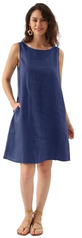 Amazhiyu Robe en lin pour femme - Sans manches - Robe d'été - Robe de plage - Robe midi - Longueur genou - Col rond - Robe débardeur avec poches
