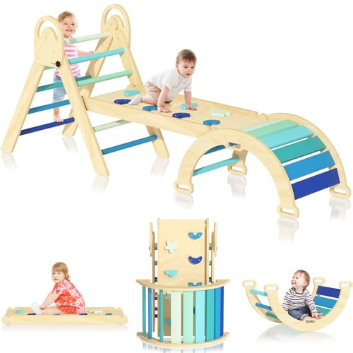 investfun Pikler Triangle Set, Montessori Climbing Set, Baby Climbing Playset Toys Indoor, Jungle Gyms for Toddlers Ages 1-4, Toddler Climbing Playground (Blue-Nature)