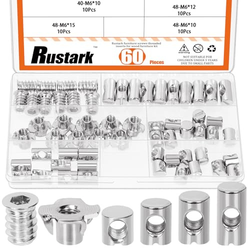 Rustark Tuercas de inserción de madera, tornillos para muebles, pernos de tuerca transversal, tuerca cilíndrica, acero al carbono, barril, tuercas en T, cuatro puntas para muebles de carpintería (60