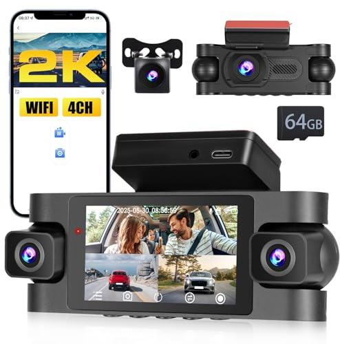 Inefala 4-kanals dashcam, 2K fram och 1080P bak vänster och höger WiFi-dashcam, bilkamera med 64 GB-kort – loopinspelning, G-sensor