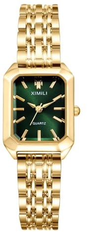 Silverora Montres-bracelets pour femmes Montres carrées pour femmes : Montres rectangulaires analogiques à quartz avec cadran détachable à barre cadeaux pour femmes et filles, Doré Vert, Bracelet