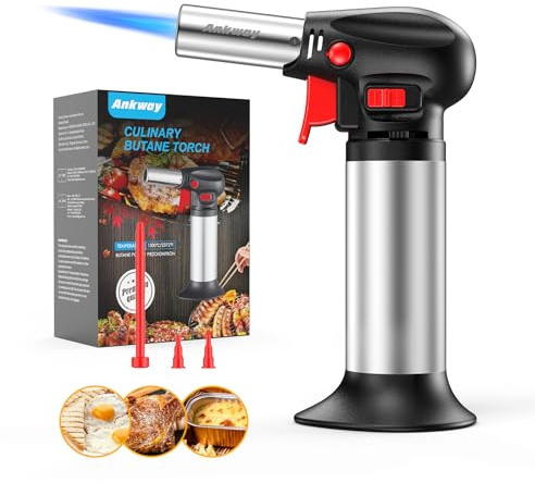 Ankway Flambierbrenner, Nachfüllbar Bunsenbrenner Küche, Einhandbedienung Crème Brulée Brenner mit Gasanzeige für Kochen, Backen, Camping, Basteln und Löten, Silber (Butan nicht inbegriffen)