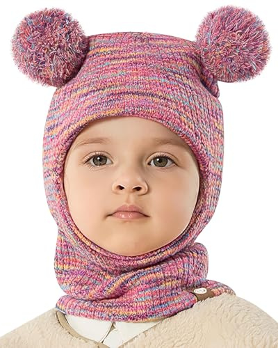 KAKU NANU Stickad mössa för pojkar med balaclava, pom och öronmuffar för pojkar och flickor i åldrarna 2 till 8 år, Ljusröd, 5-11 años
