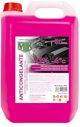Motorkit MTK Pink Antifreeze Coolant 5 L, –4°C, Ready to Use, 10%, 100% Pure Ethylene Glycol, Engine Protection Against Freezing and Overheating