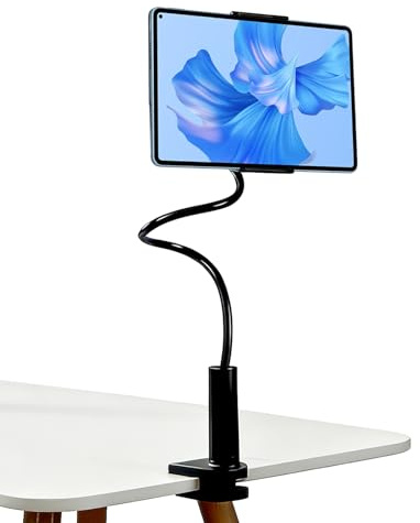 QTORCHE Support Tablette Lit Col de Cygne Réglable, Bras Articulé en Alliage 80cm pour Téléphone iPhone iPad Samsung Kindle Switch 4-10.6 Pouces, Fixation Solide Anti-Glisse pour Bureau Canapé Noir