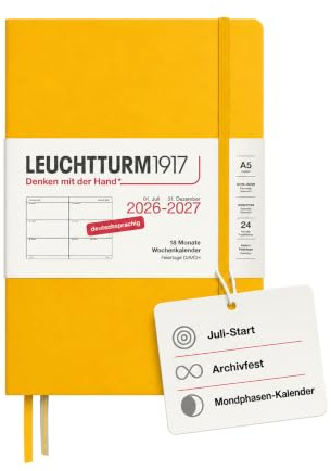 LEUCHTTURM1917 Veckokalender 2027 medium (A5) – tyska, solros, inbundet lock, 145 x 210 mm, 18 månader – 07. 2026-12.2027, 1 vecka per dubbelsida, 80 g/m² papper med hög bläckkompatibilitet