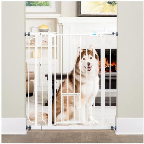 Carlson 36 Extra Tall Walk Through Dog Gate for Doorways & Bottom of Stairs, Metal Pet Gate with Small Pet Door, Expands 29.5”–36.5”, White