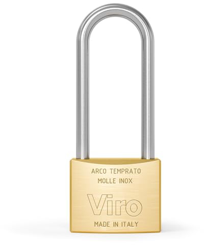 Viro | Lucchetto Rettangolare Antiscasso in Ottone Massiccio Satinato, Base 30mm, Arco 30mm in Acciaio Cementato, Resistente