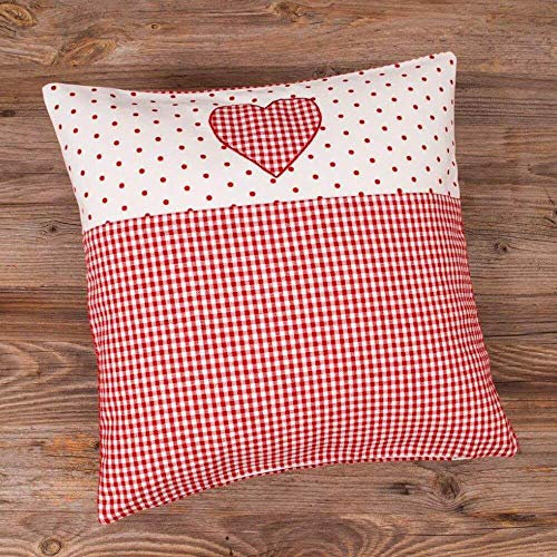 matches21 HOME & HOBBY Kissenhülle 40x40 cm Kariert mit Herz-Bordüre Rot - Landhaus-Stil - Zierkissen für Sofas oder Stühle und Küchendeko