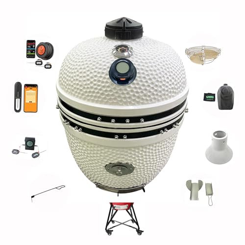 YNNI KAMADO TQTT23WH - Parrilla XL de 23 pulgadas, color blanco, alimentador de chips, paquete, barbacoa, cerámica, huevo, ahumador, TQTT23WH