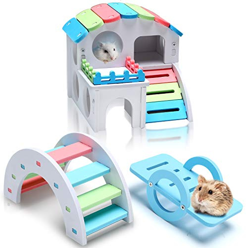 3 Pieces Fun Hamster Guinea Pig Hideout Kit Include PVC Hamster House, Rainbow Bridge, Seesaw DIY Exercise Playhouse for Rats Mouse Small Animals(Small,Rainbow Color)