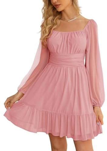Wenrine Women's Mesh Long Sleeve Square Neck Dress High Waist A Line Ruffle Hem Flowy Casual Party Mini Dress Pink