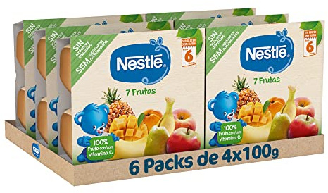 NESTLE Puré 7 Frutas, desde 6 meses, Pack Tarrinas Pack de 6 (4x100g), Fórmula mejorada