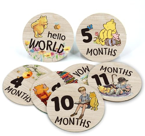 The Pooh Baby Bear Month Milestone Circles, Wooden Discs Stuff for Baby Photo Takens with Hello World Name Signs - 7Pcs Double Sided Signs for Documenting Growth