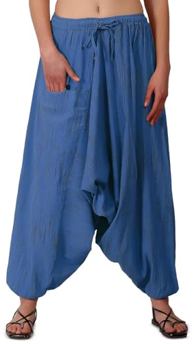 Whitewhale Mens Women Cotton Stripe Aladdin Loose Baggy Boho Hippie Harem Pants Blue