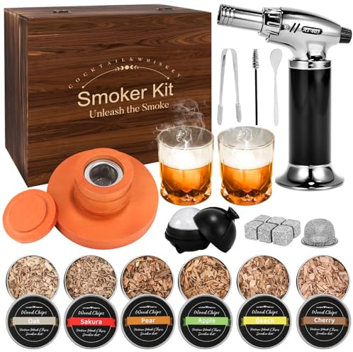 Cocktail Smoker Kit with Torch-High-end Wood Gift Box Set, Whiskey Smoker Kit, 2 Whiskey Glasses, Mens Birthday Gift Ideas, Old Fashioned Smoker Kit, Bourbon Gift for Men, Dad, Valentines(No Butance)