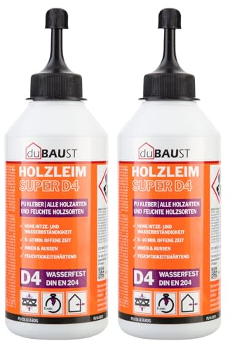 dubaust WOP24 PU Holzleim Polyurethan-Holzklebstoff, hervorragende Feuchtigkeitsbeständigkeit D4, für Hart- und Weichhölzer, schleifbar und überstreichbar, 500g Flasche (2)