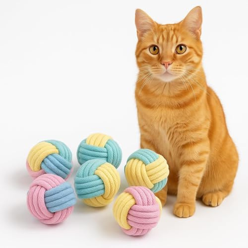 PetPrana Cat Chew Balls ā 6-Pack Rope Cat Toys with Crinkle Sound, Soft and Durable, for Indoor Cats, Kittens, Teeth & Gum Health