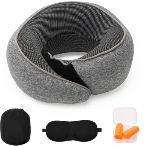 CEWROM Nackkudde flygplan, nackhörna vuxna, resekudde minnesskum, ergonomisk kompakt kudde med sovmask, öronproppar och väska för flygplan, bil, tåg