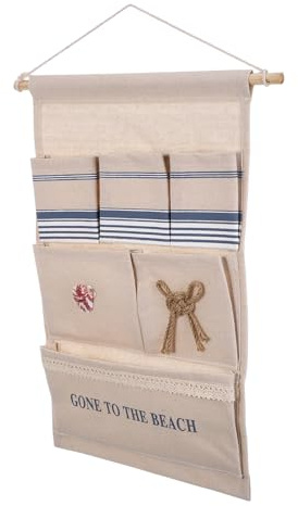 BAZEITFLOW Organizer da Parete Design Elegante e Funzionale Beige Tasche Multiple e Borsa Portaoggetti Sospesa Lino Traspirante per Casa e Bagno