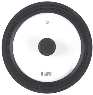 Russell Hobbs Universal Glass Lid for Pots – Fits 24, 26, and 28 cm Diameter Cookware, Soft-Touch Silicone Rim, Space-Saving, Steam Vent, Saucepans